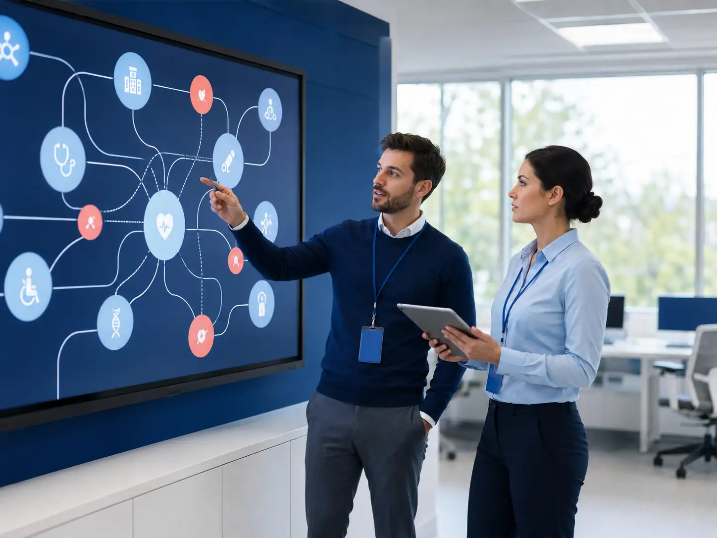 Two IT specialists reviewing a hospital systems integration diagram on a wall display