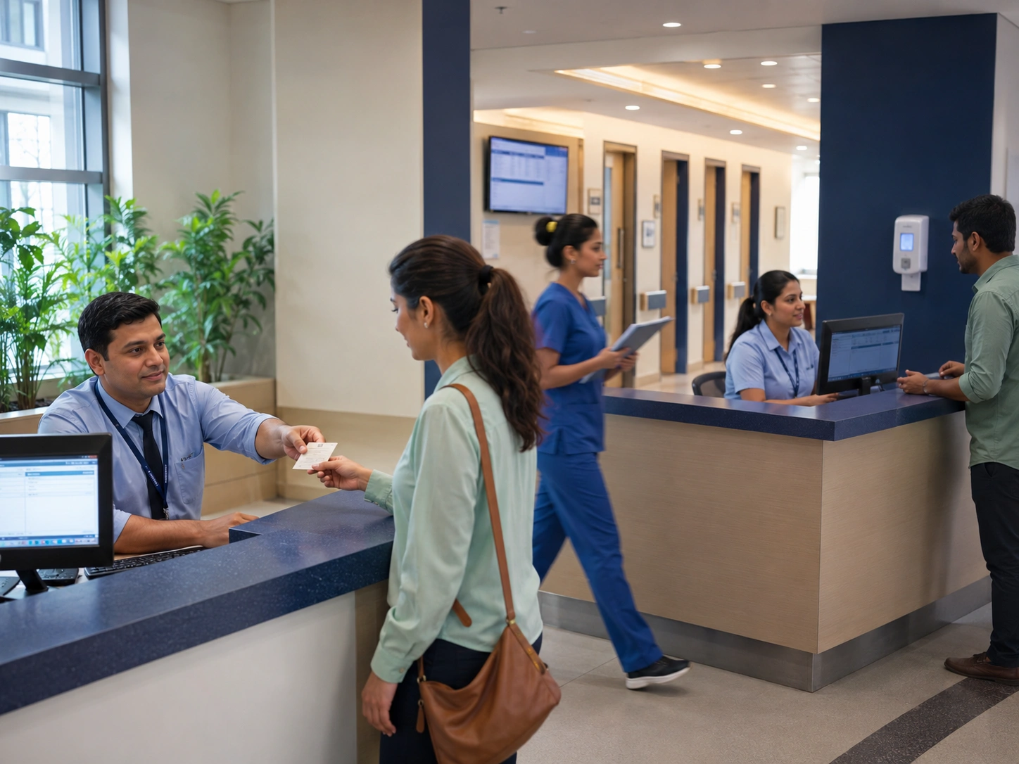Hospital registration staff issuing patient identity cards across adjacent front-office counters