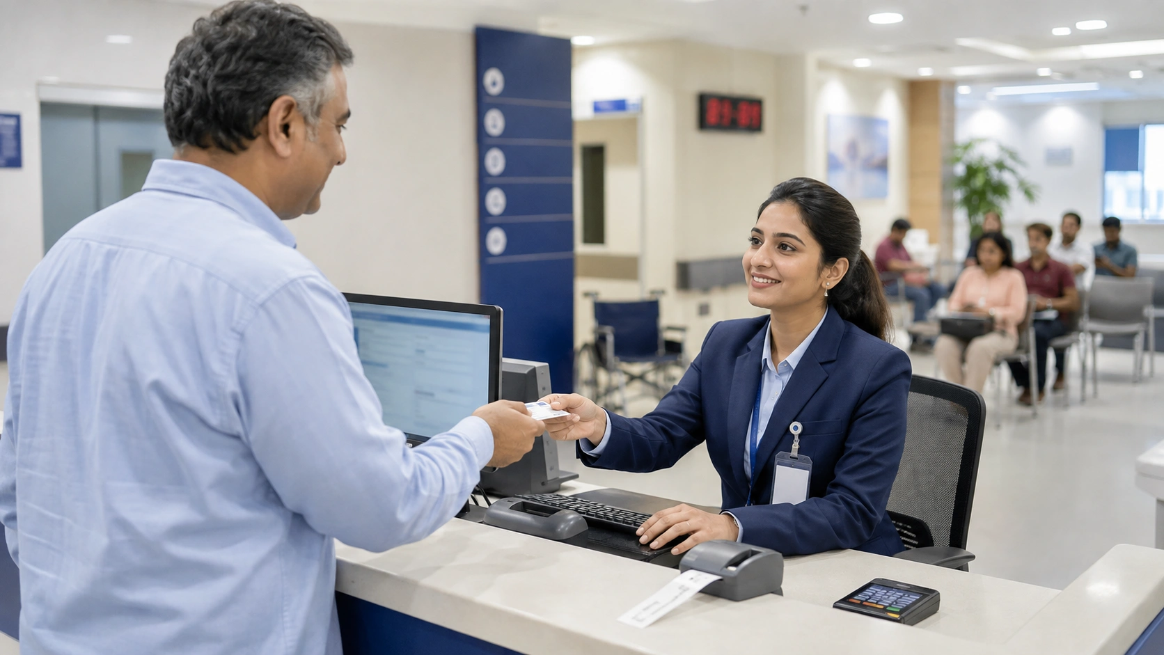 Hospital receptionist handing a patient identity card to a patient at the front desk counter