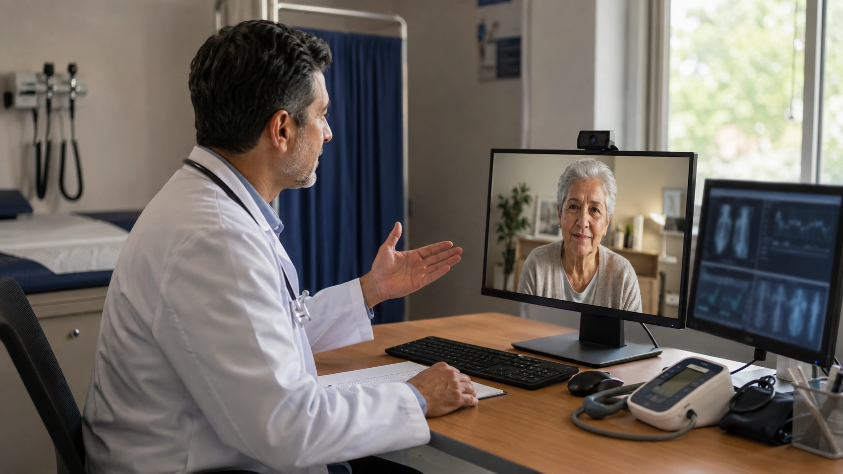 Doctor conducting a video consultation with an elderly patient from a hospital consulting room