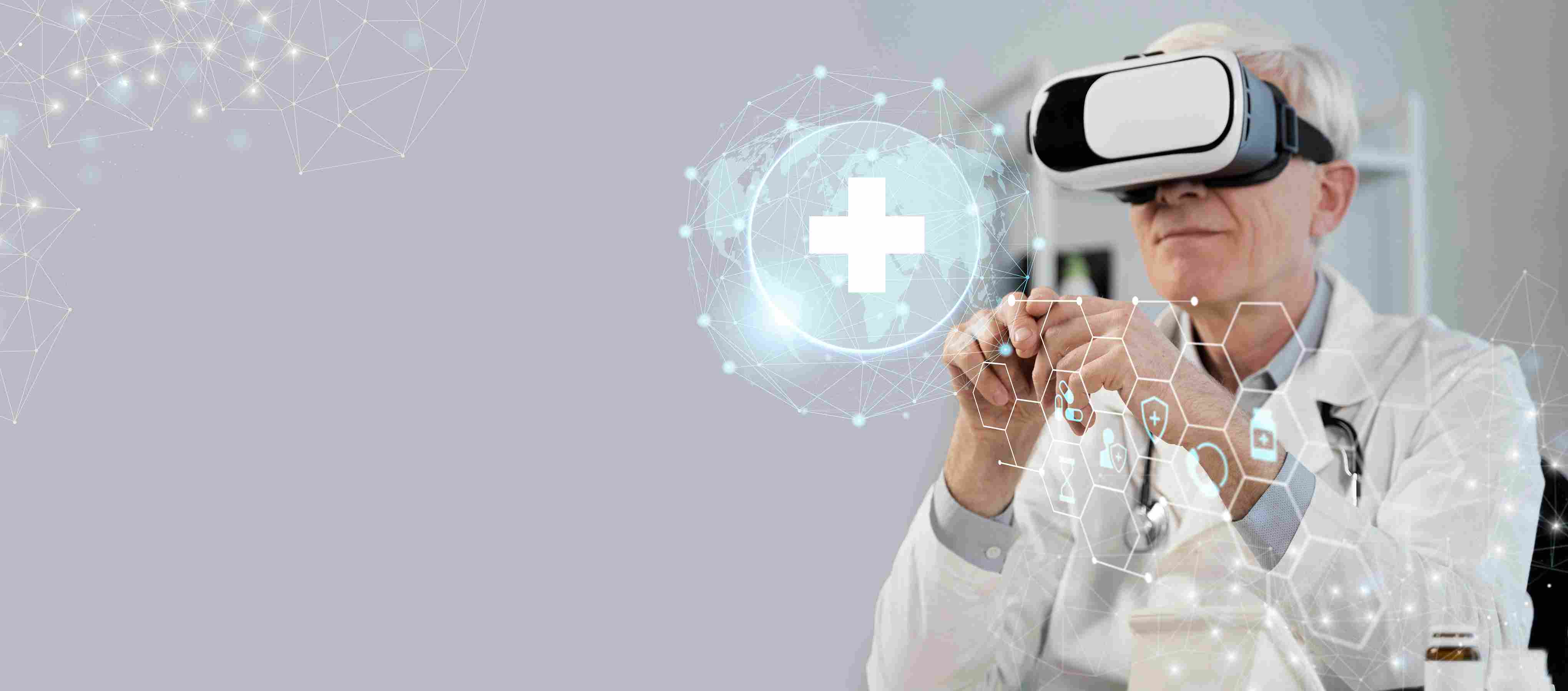 Doctor using VR headset with floating medical icons