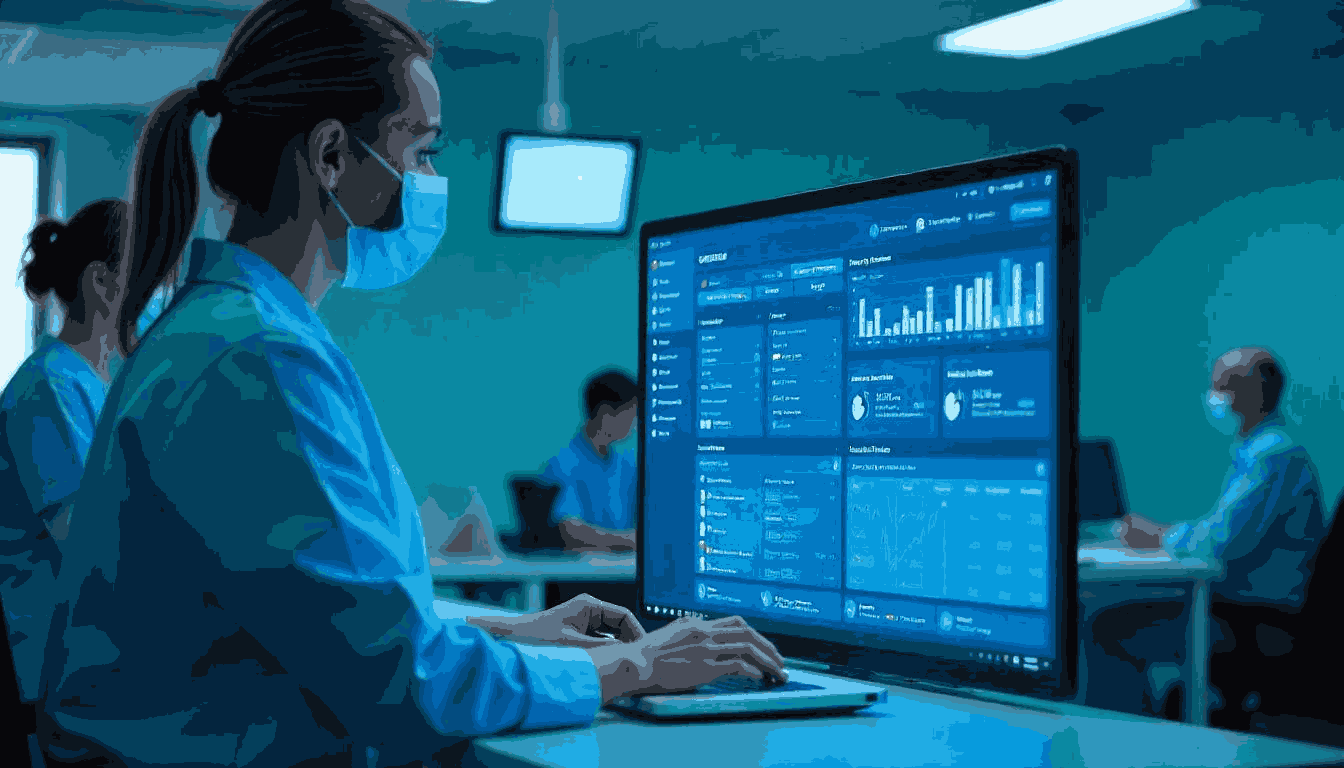 Medical professional using hospital management software dashboard on desktop computer