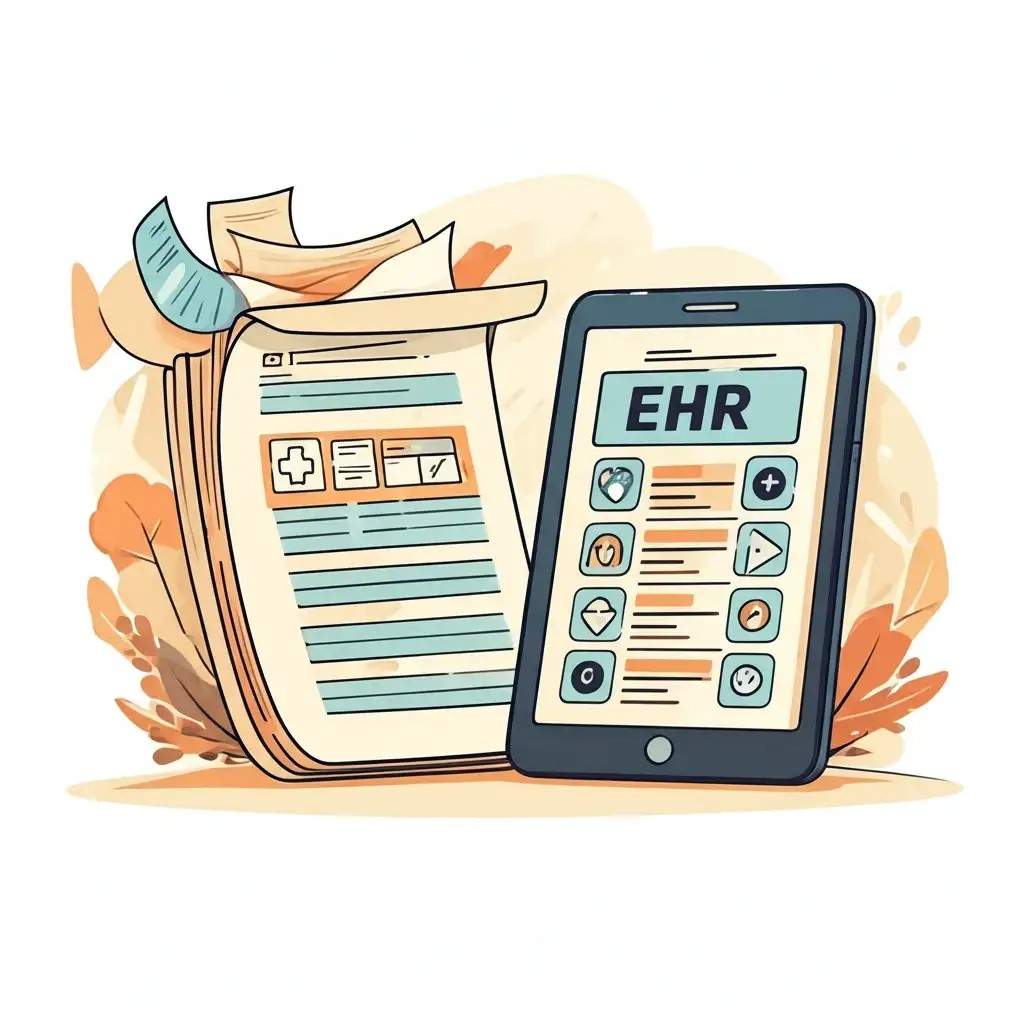 Illustration of a phone displaying "EHR" and medical records, representing EHR software.