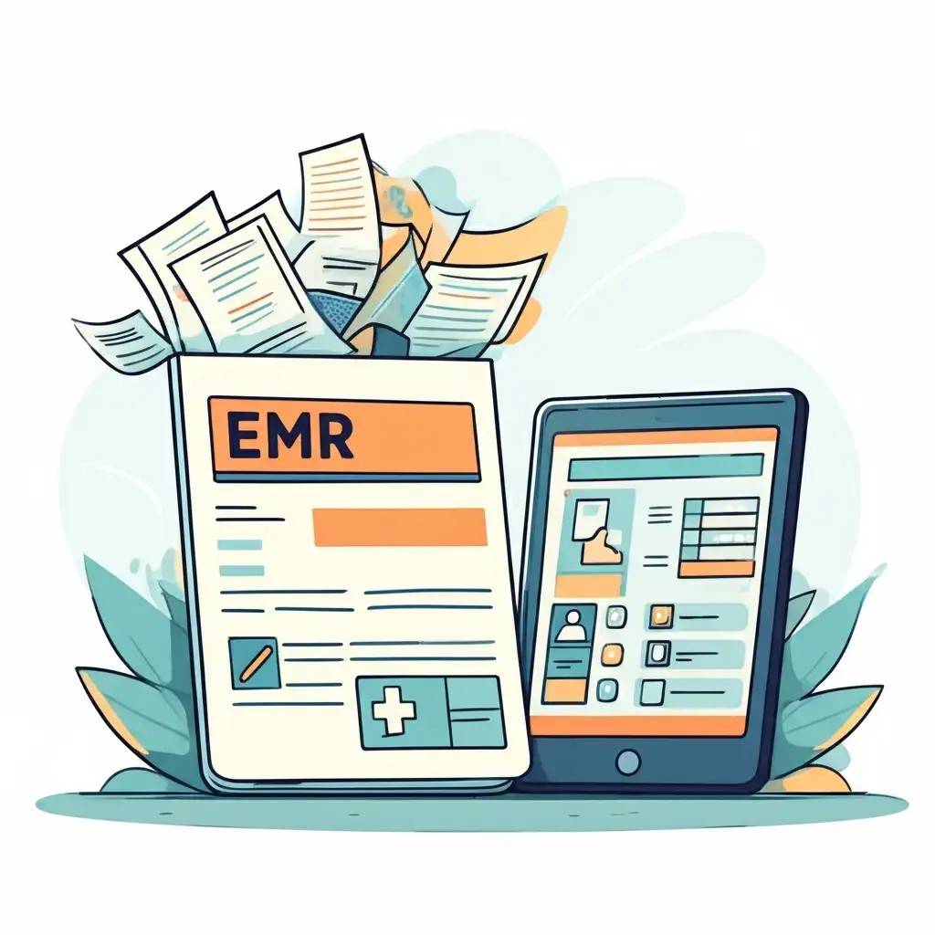 Illustration of a tablet and paper forms with "EMR," symbolizing EMR software.