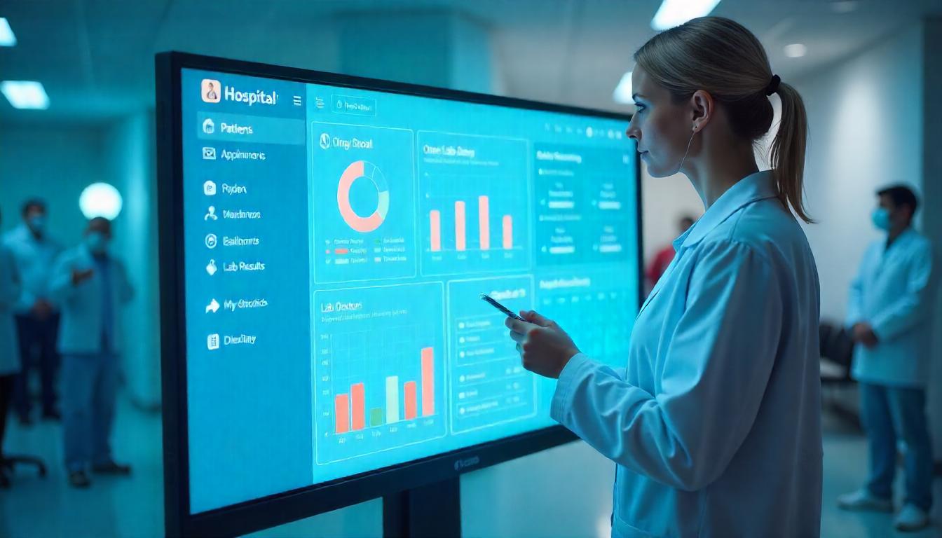 Doctor viewing hospital management system interface on a large display in clinical setting