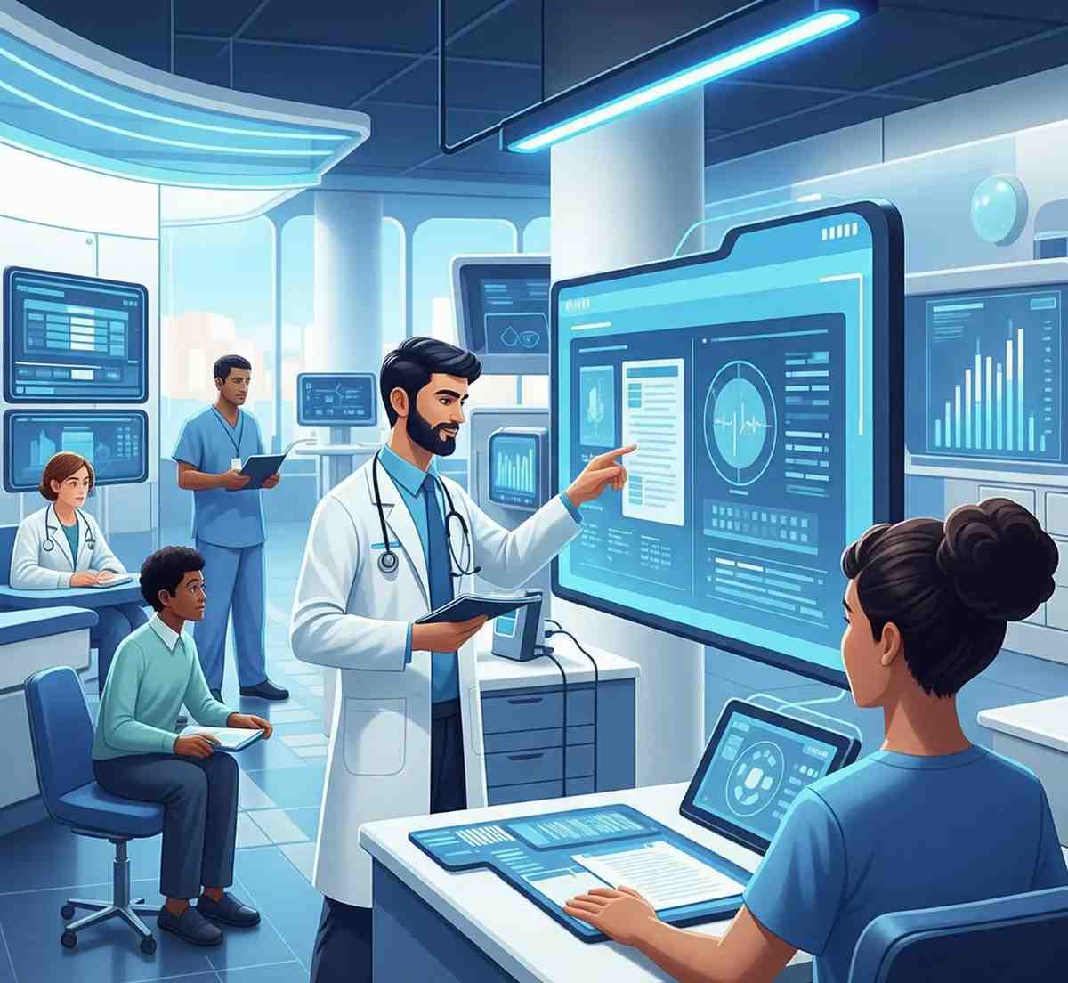 A doctor demonstrates EHR software to colleagues in a modern medical office.