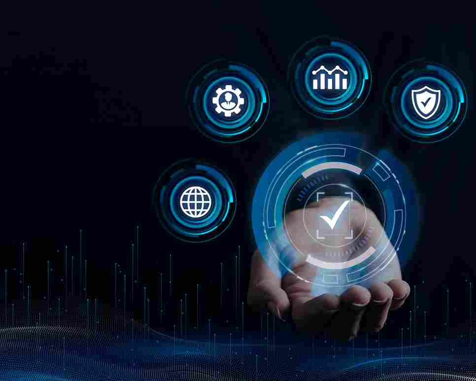 Hand holding digital icons, representing digital transformation
