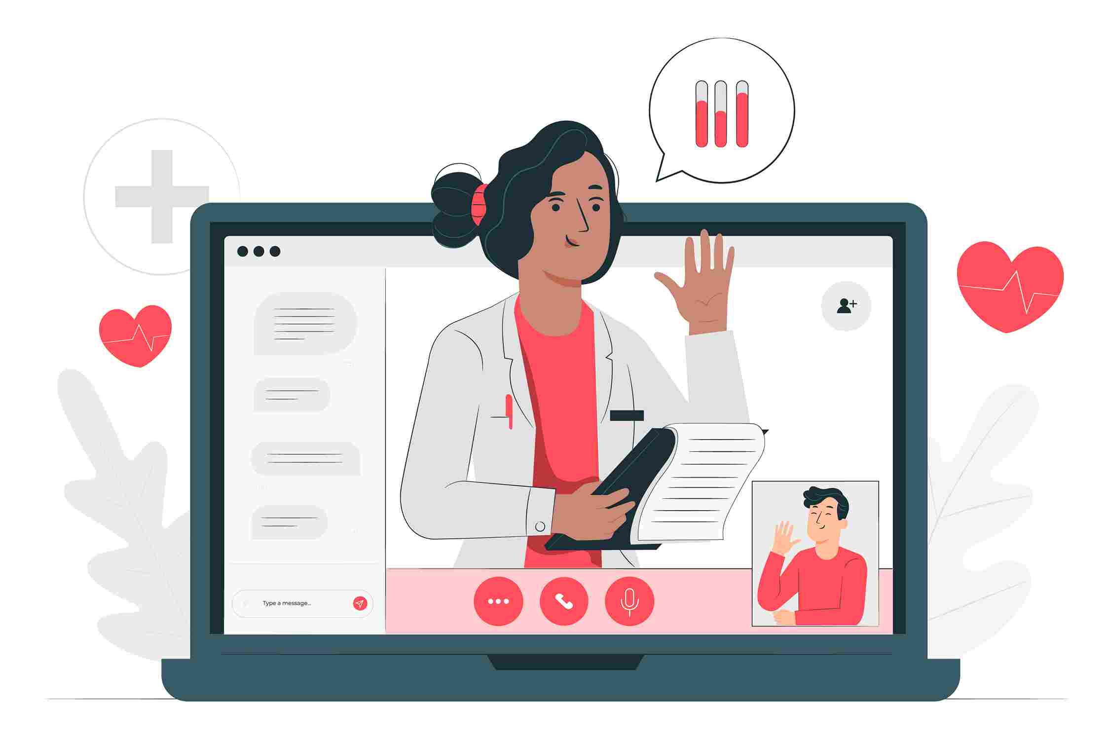 Illustrated doctor on laptop video call with patient