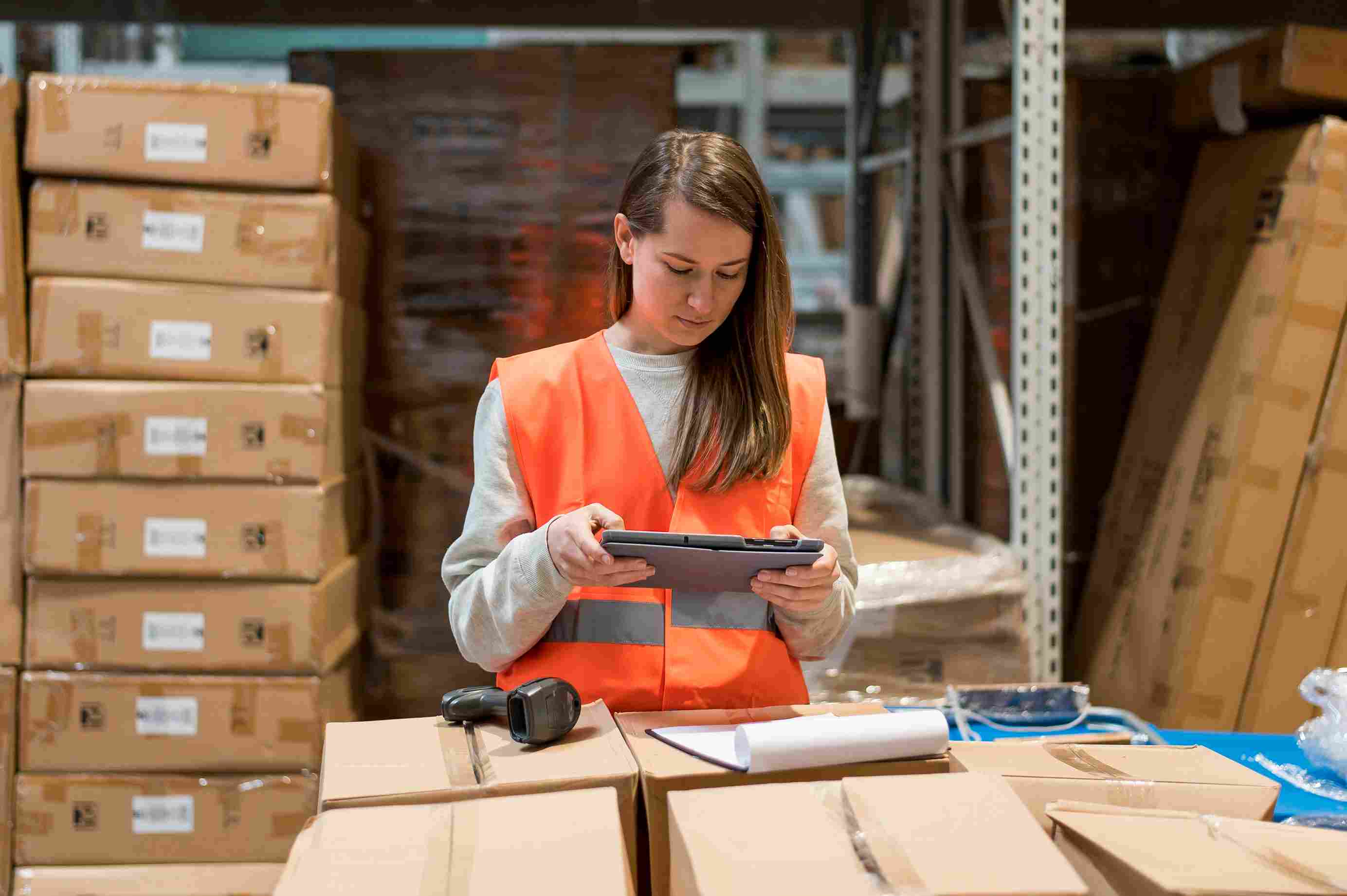 Female staff using tablet for inventory tracking among stacked packages