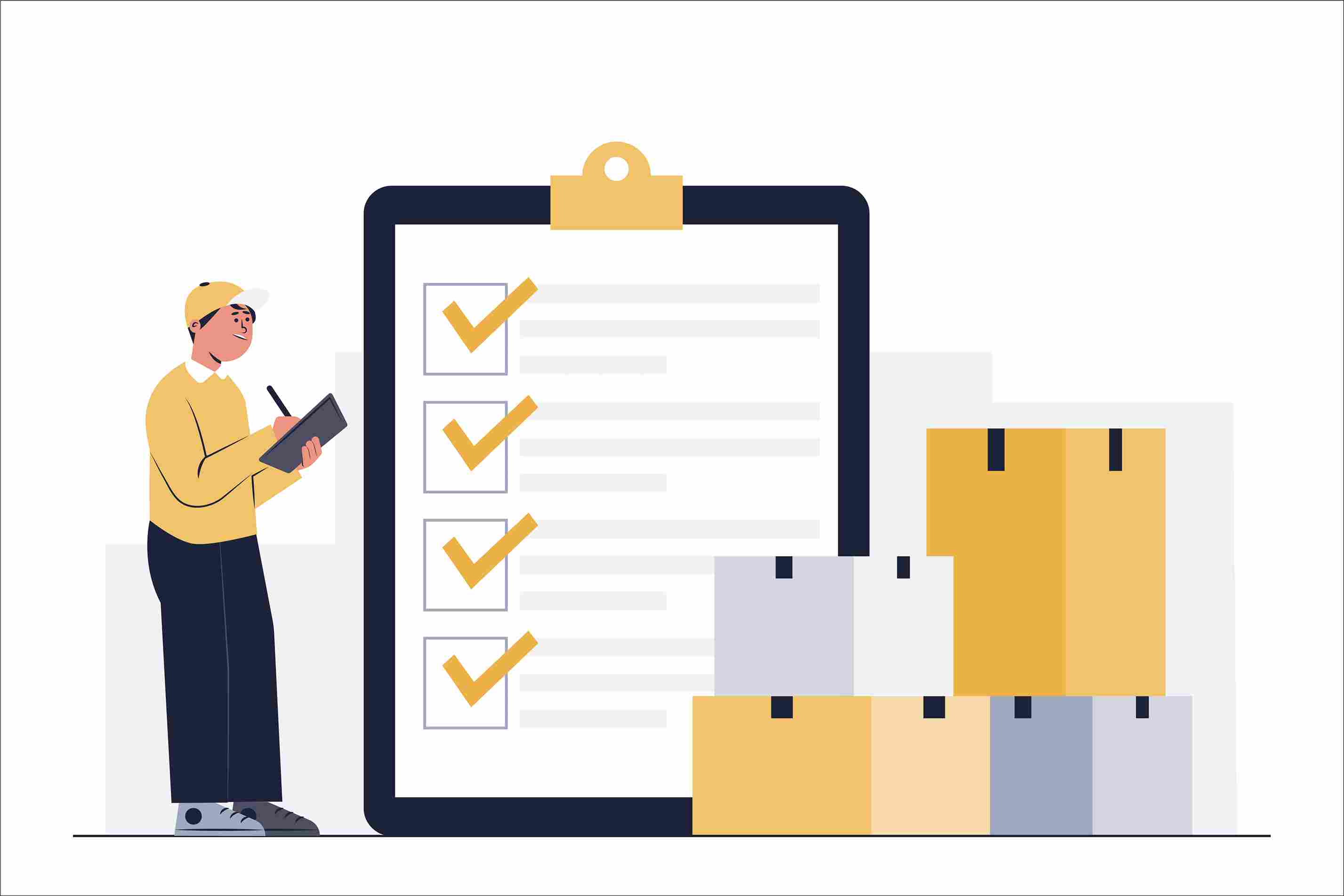 Illustration of a checklist with a worker marking off inventory near stacked boxes