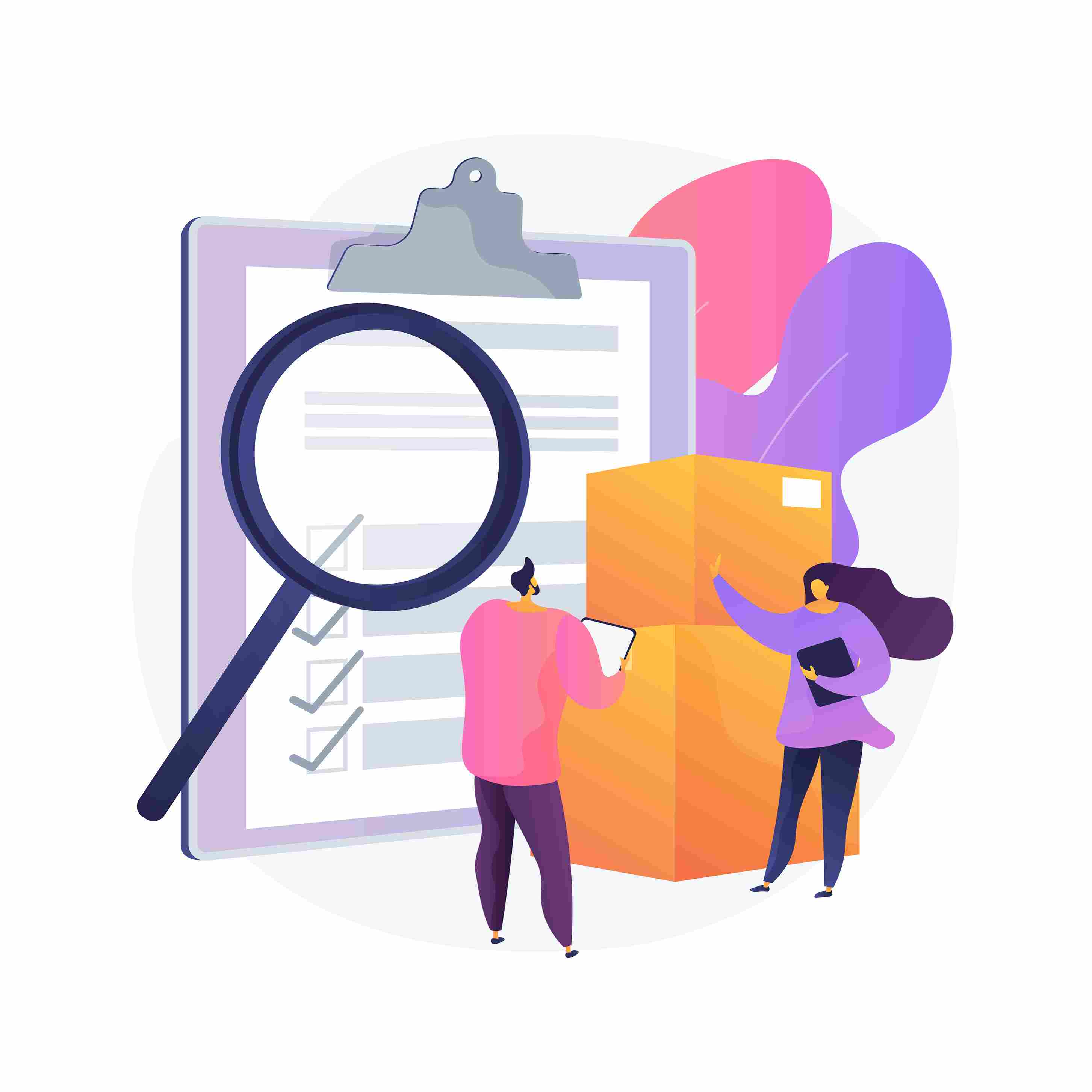 Illustration of two people reviewing inventory checklist with magnifying glass and boxes