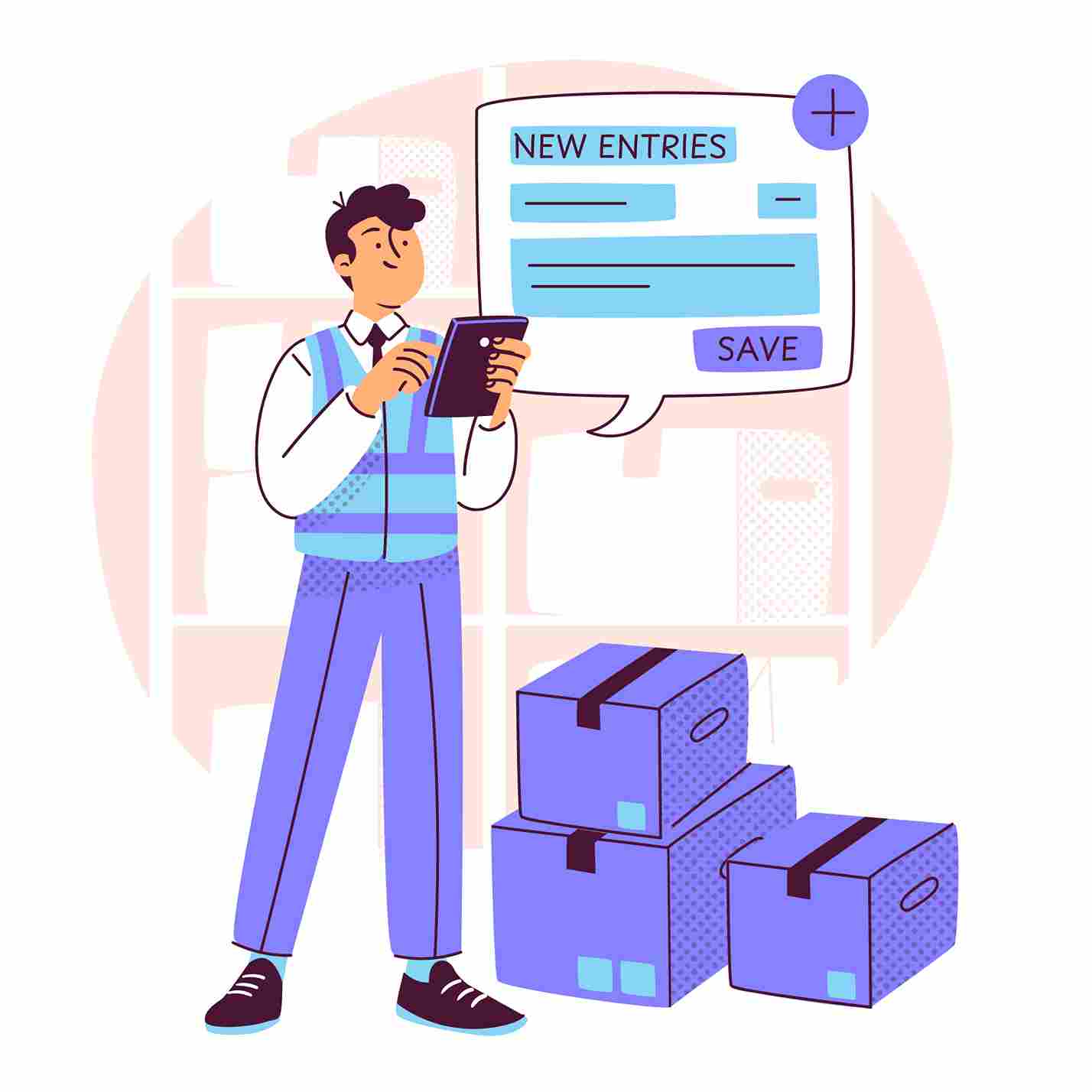 Warehouse manager using a digital device to verify inventory in storage