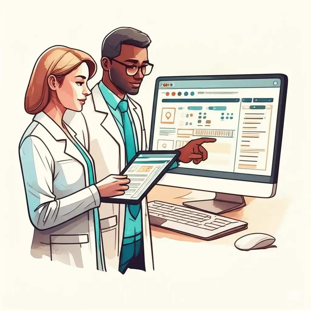 Two doctors collaboratively reviewing data on a desktop computer, representing use of EHR software.