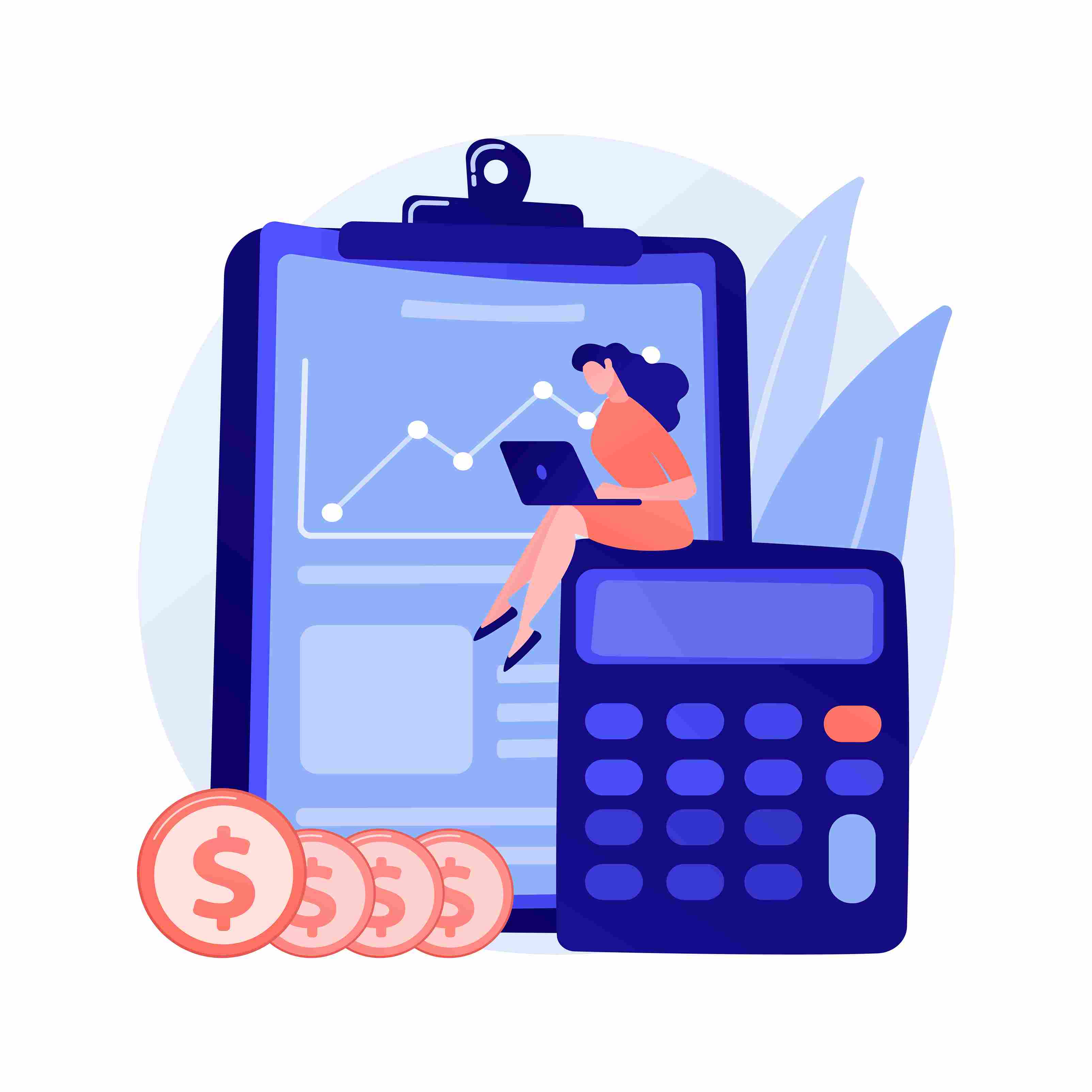 Woman using a laptop, sitting by a large calculator, coins, and a financial analytics clipboard illustration.
