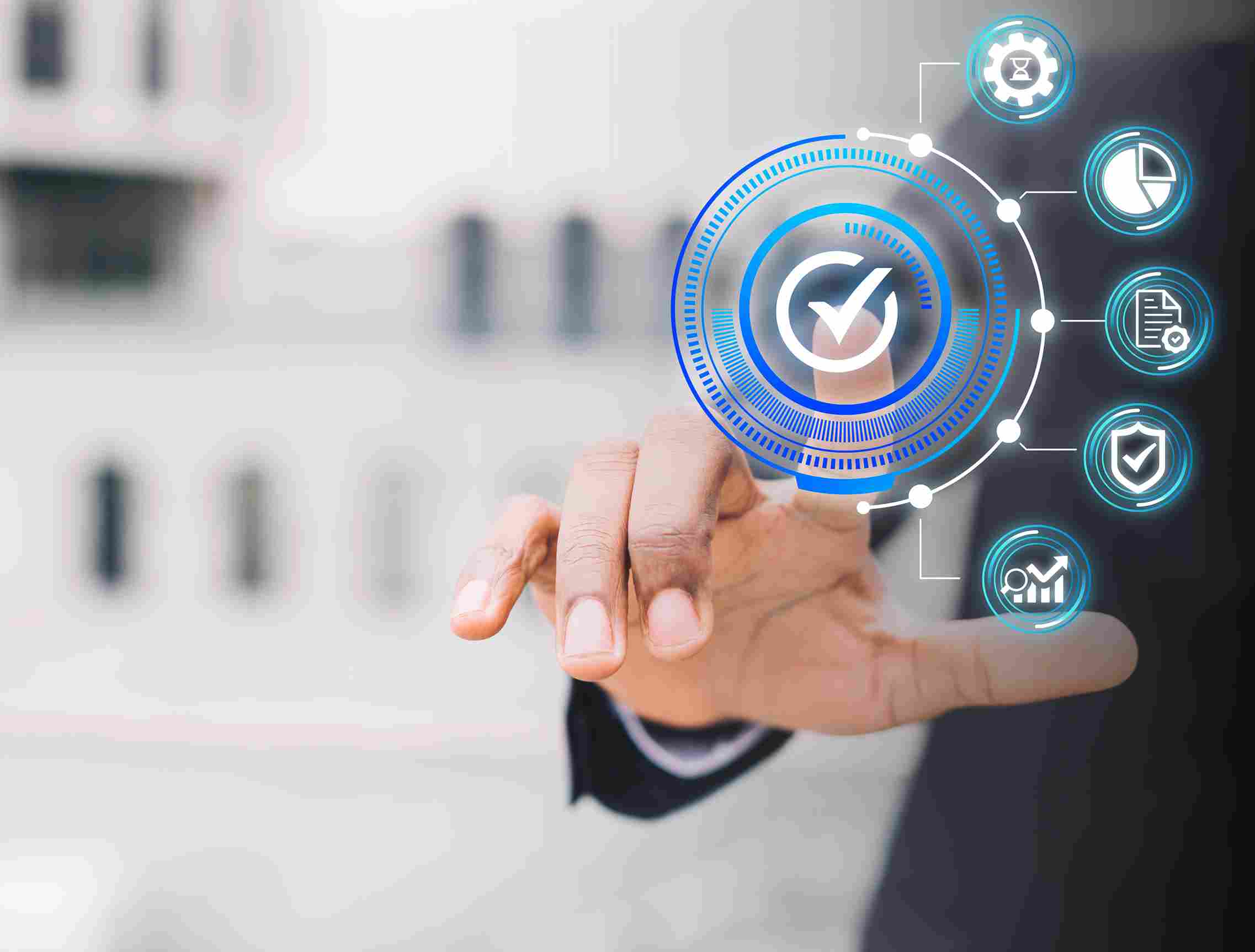 Businessperson pressing a digital quality control interface, with icons for efficiency, security, data, and process management.