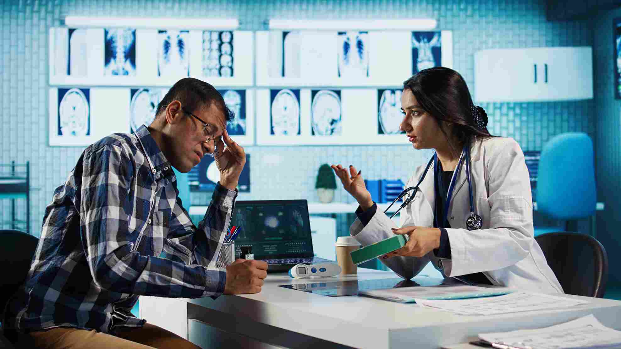 Doctor consulting a patient with digital medical scans in the background, symbolizing the challenges of combining technology with personalized healthcare