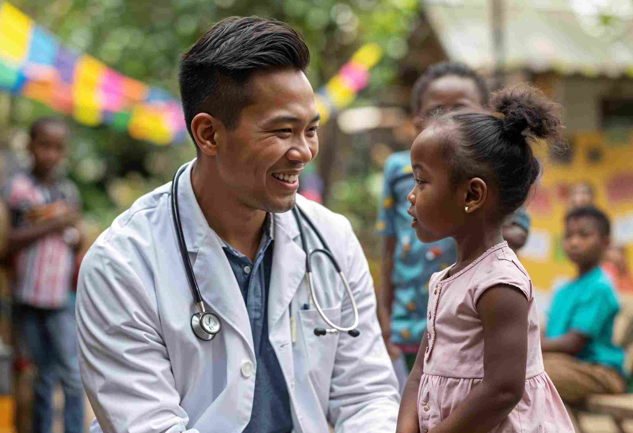 Doctor wearing a white coat and stethoscope attentively listening to a young girl, showcasing compassionate pediatric care within Indonesia's national health insurance framework