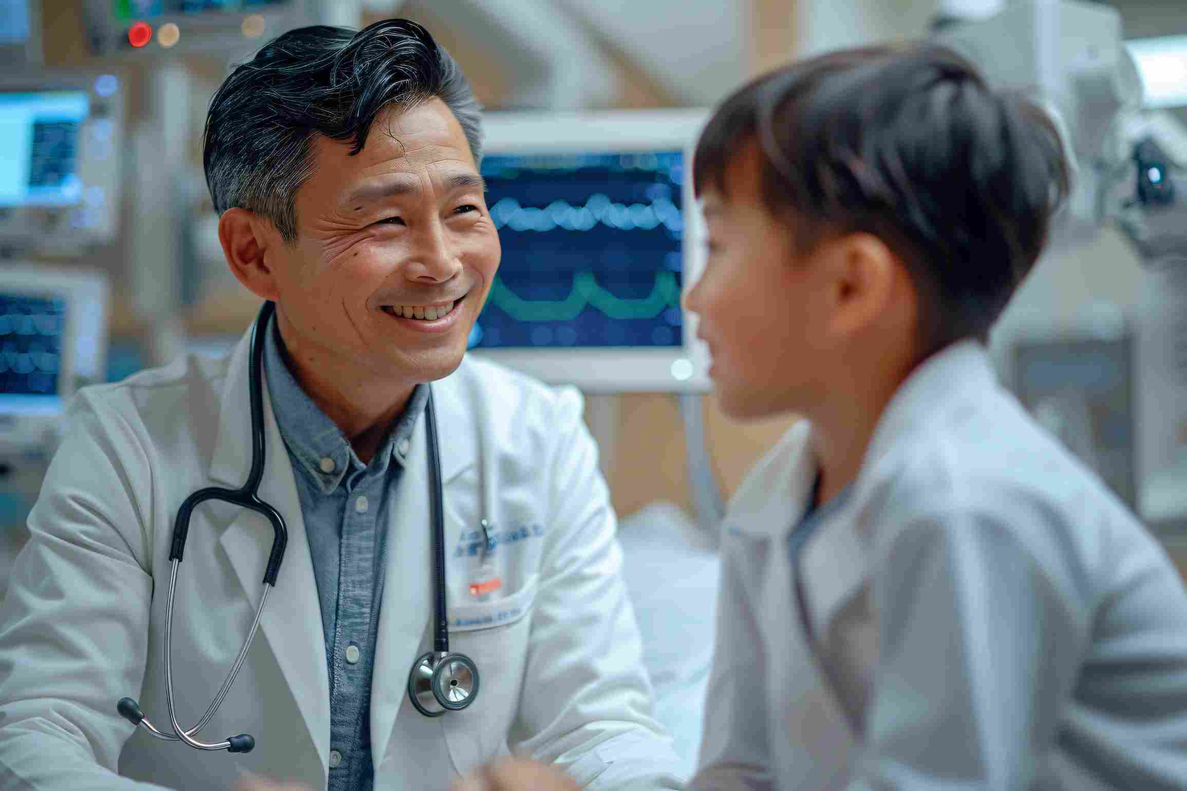 Pediatrician talking with a child in a modern hospital setting, illustrating accessible care under PhilHealth