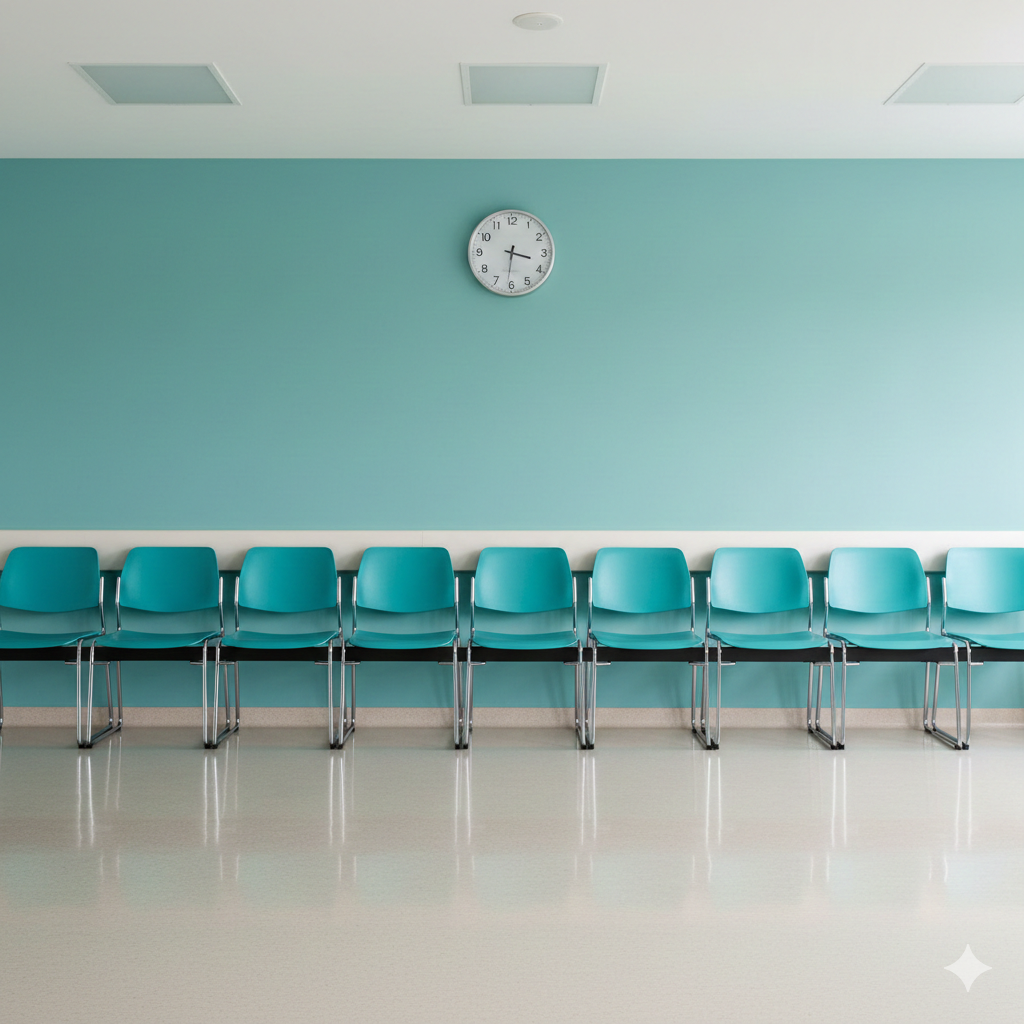 Empty row of chairs in a hospital waiting area with a clock on the wall, symbolizing long patient wait times and the need for better workflow visibility and hospital management systems
