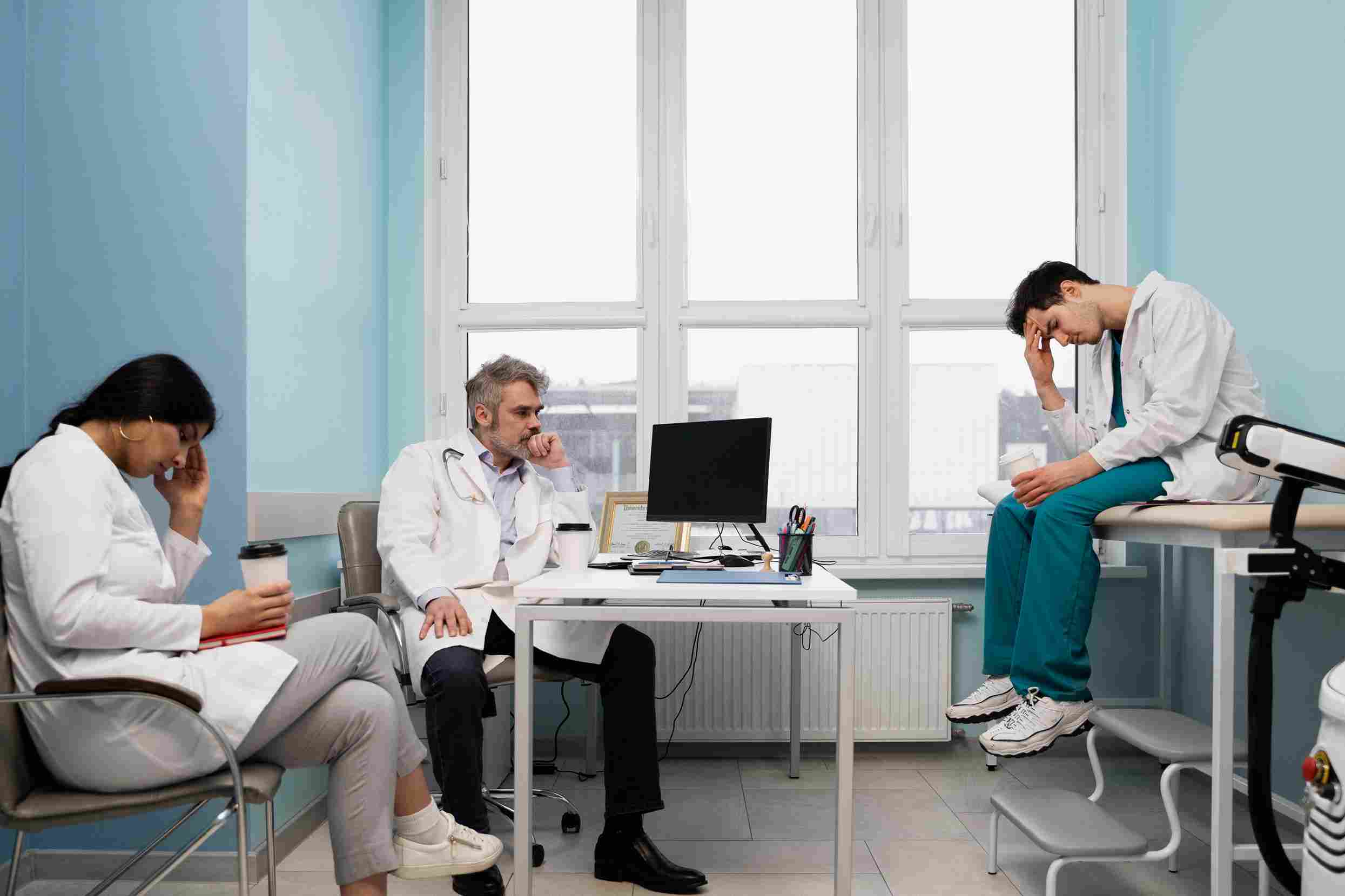 Exhausted doctors and nurses showing signs of workplace burnout in hospital office environment